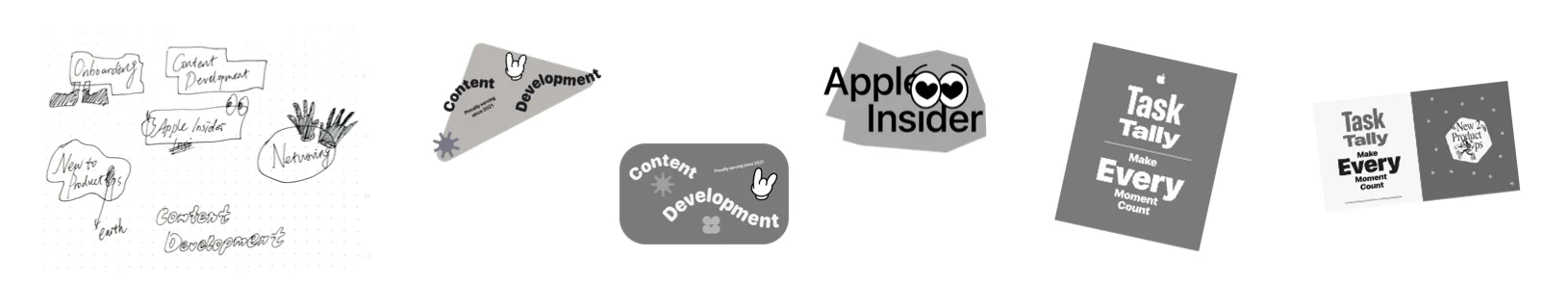 Badge sketches, then grey rounds of the Content Development, Apple Insider and Task Tally badges