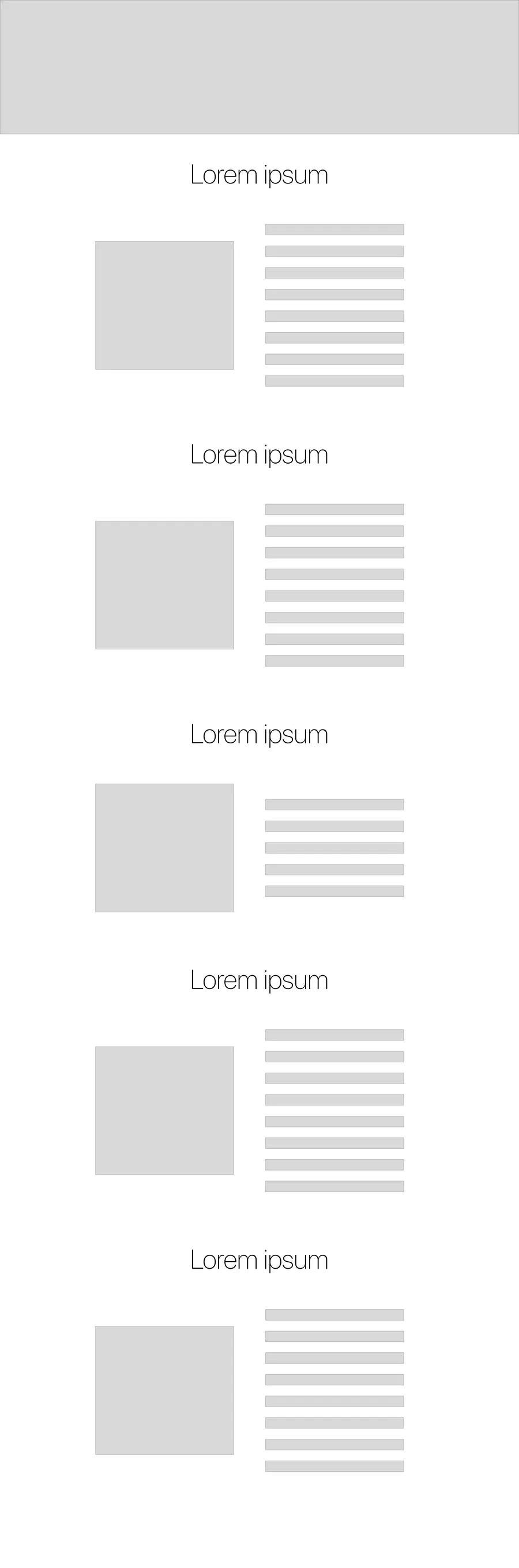 Wireframe with one row per section: image left, list right