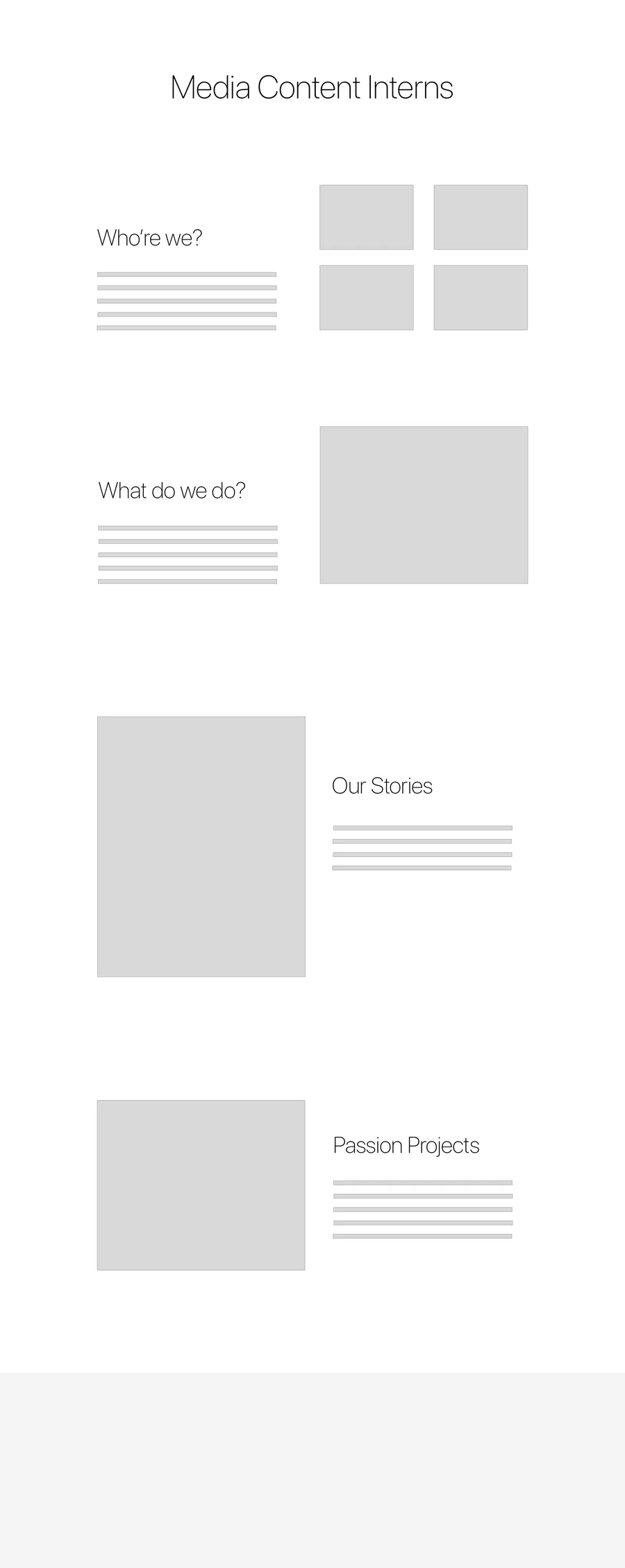 Wireframe of the team site: about, featured work and quick links