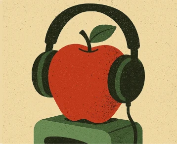 Apple wearing headphones