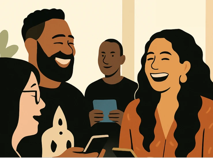 Illustration of four teammates laughing over their phones
