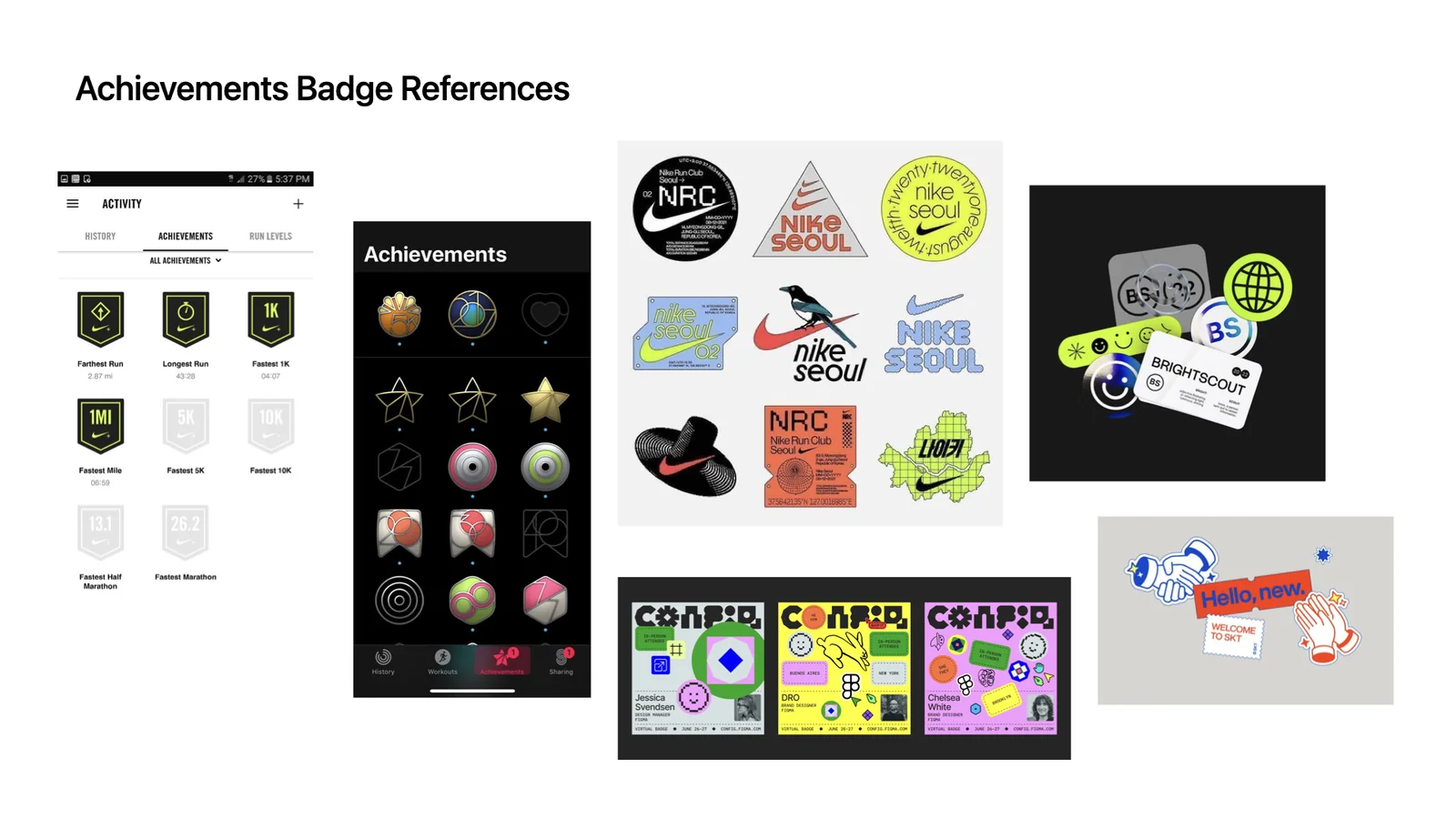 Achievement badge references, including Nike Run Club badges and stickers