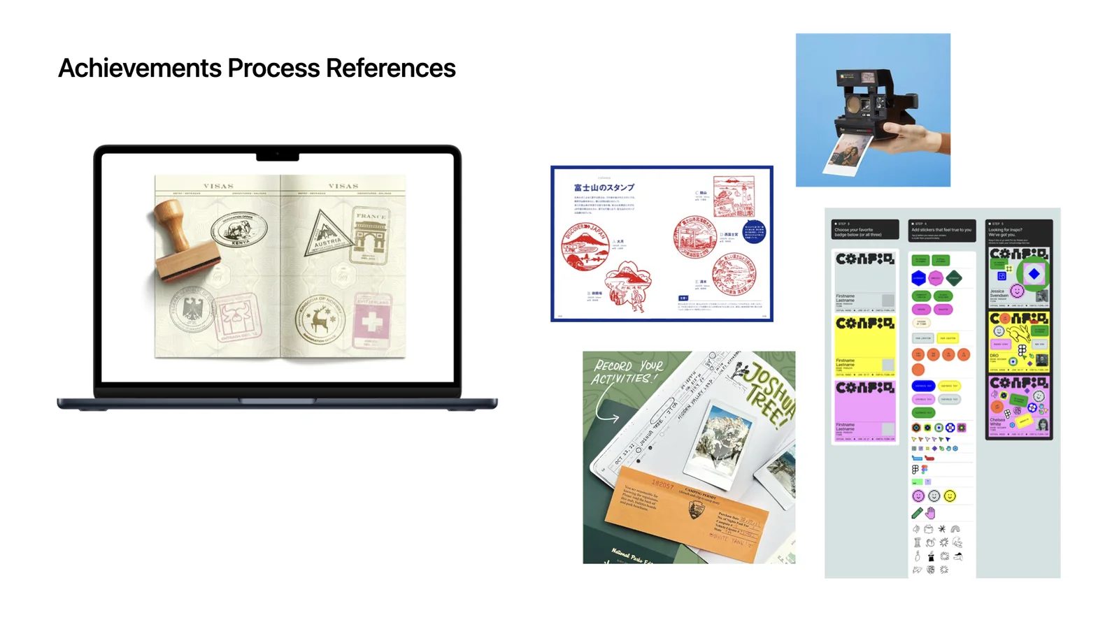 Achievement process references: passport stamps, stamp cards and sticker sheets