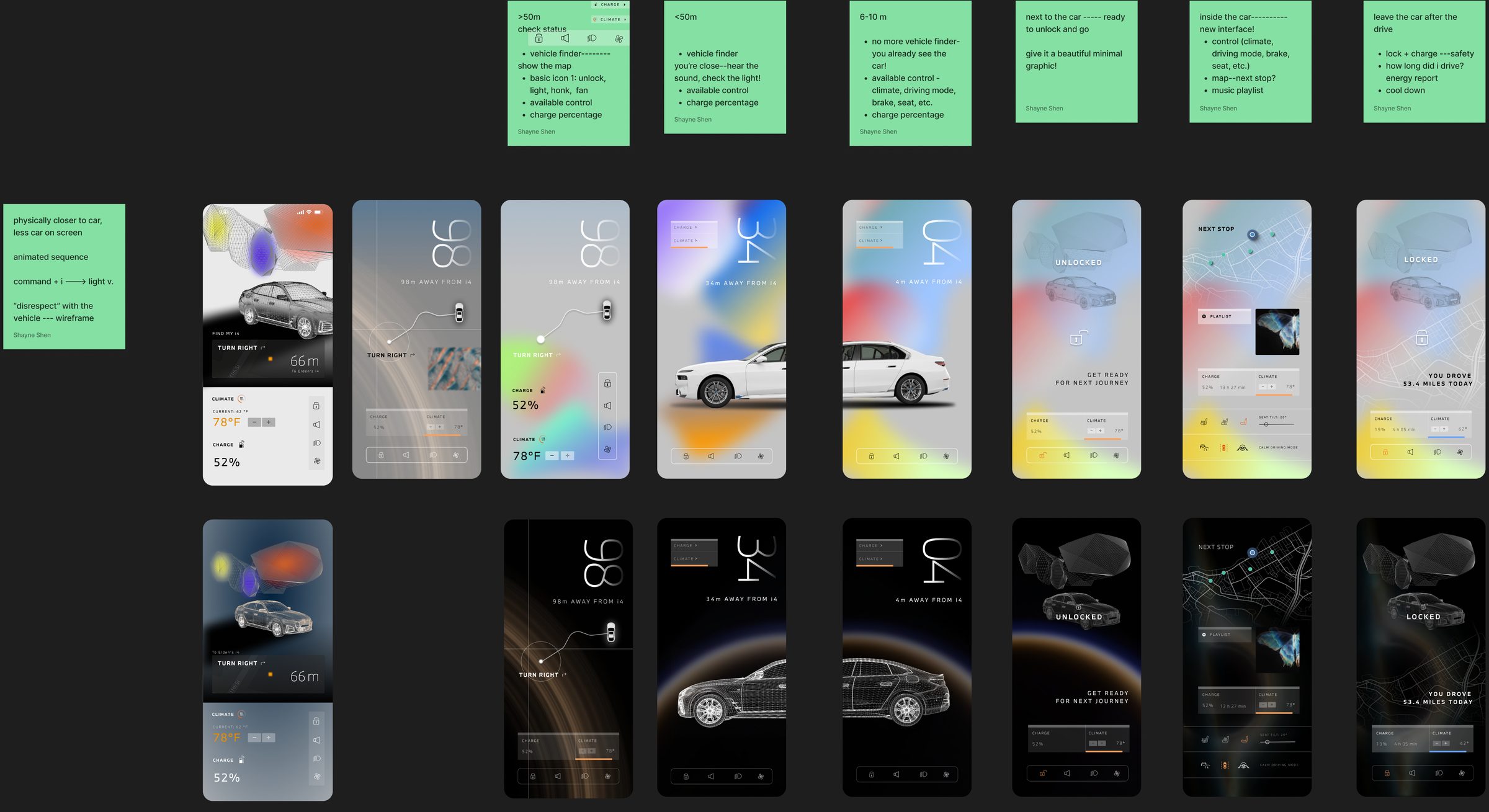 Board mapping the journey from 50 m away to after the drive, with glass and gradient explorations