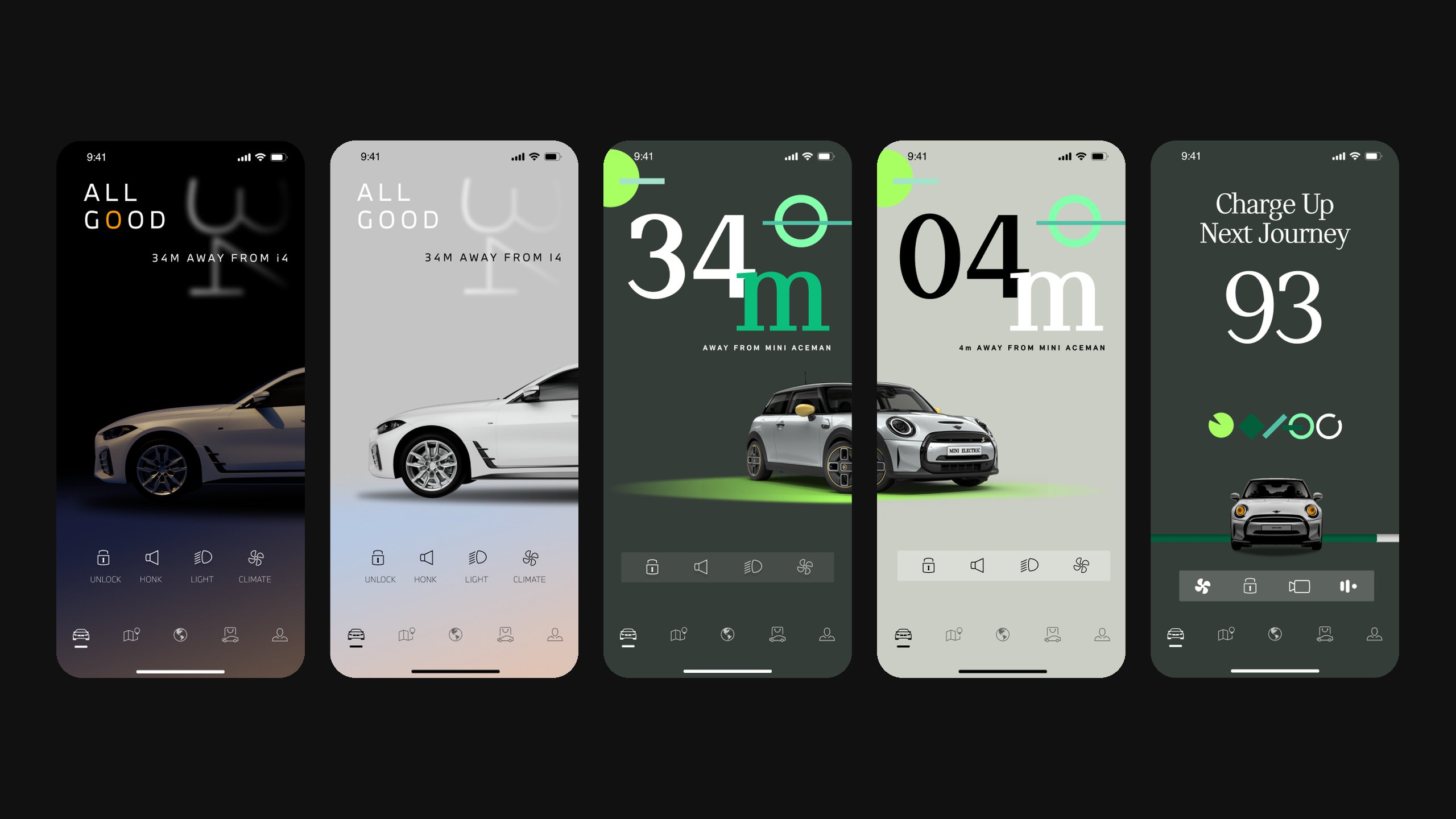 MyBMW and MyMINI home screens in dark and light themes