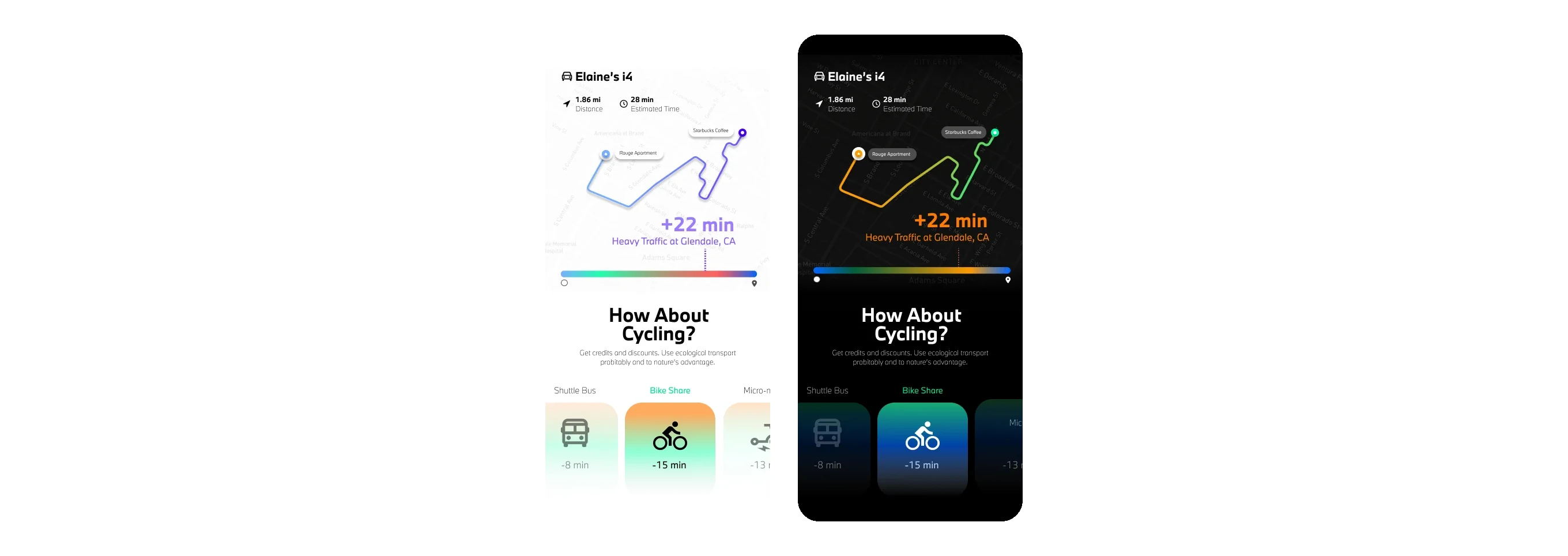 Route screens in light and dark suggesting a bike share to skip traffic