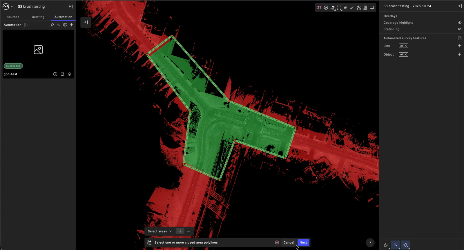 Selected area highlighted green against the red point cloud