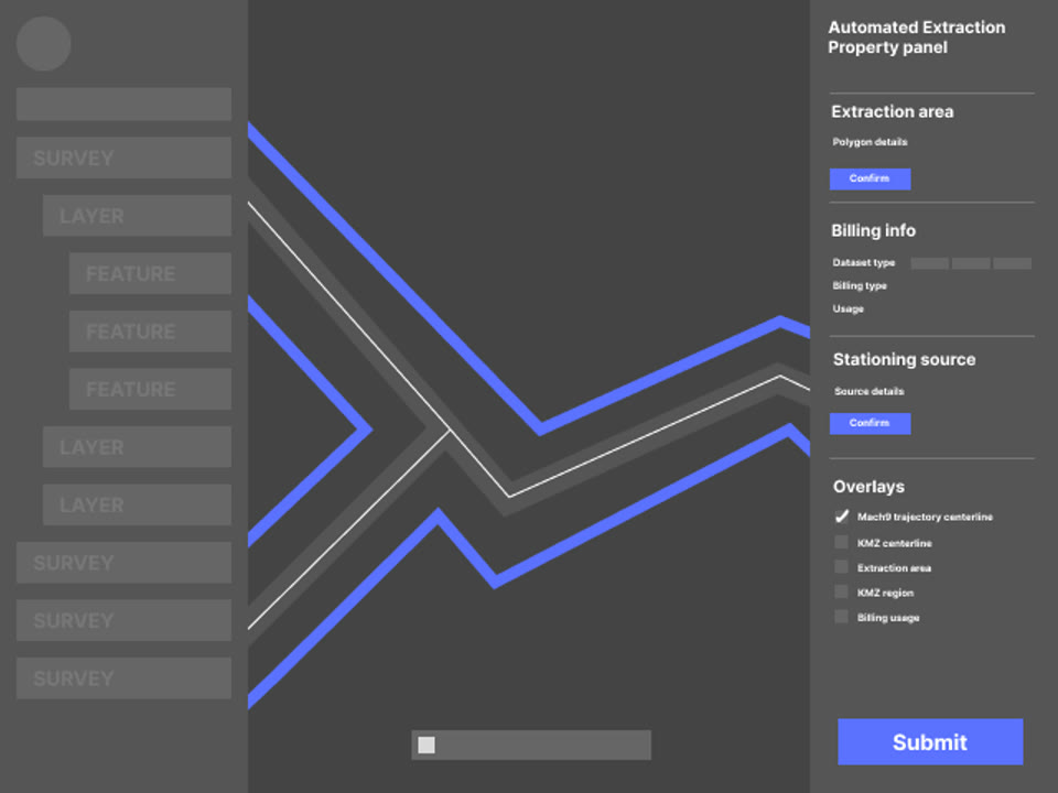 Wireframe with one property panel holding extraction area, billing, stationing and overlays