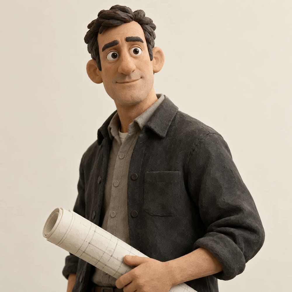 Clay portrait of a project manager holding rolled-up plans
