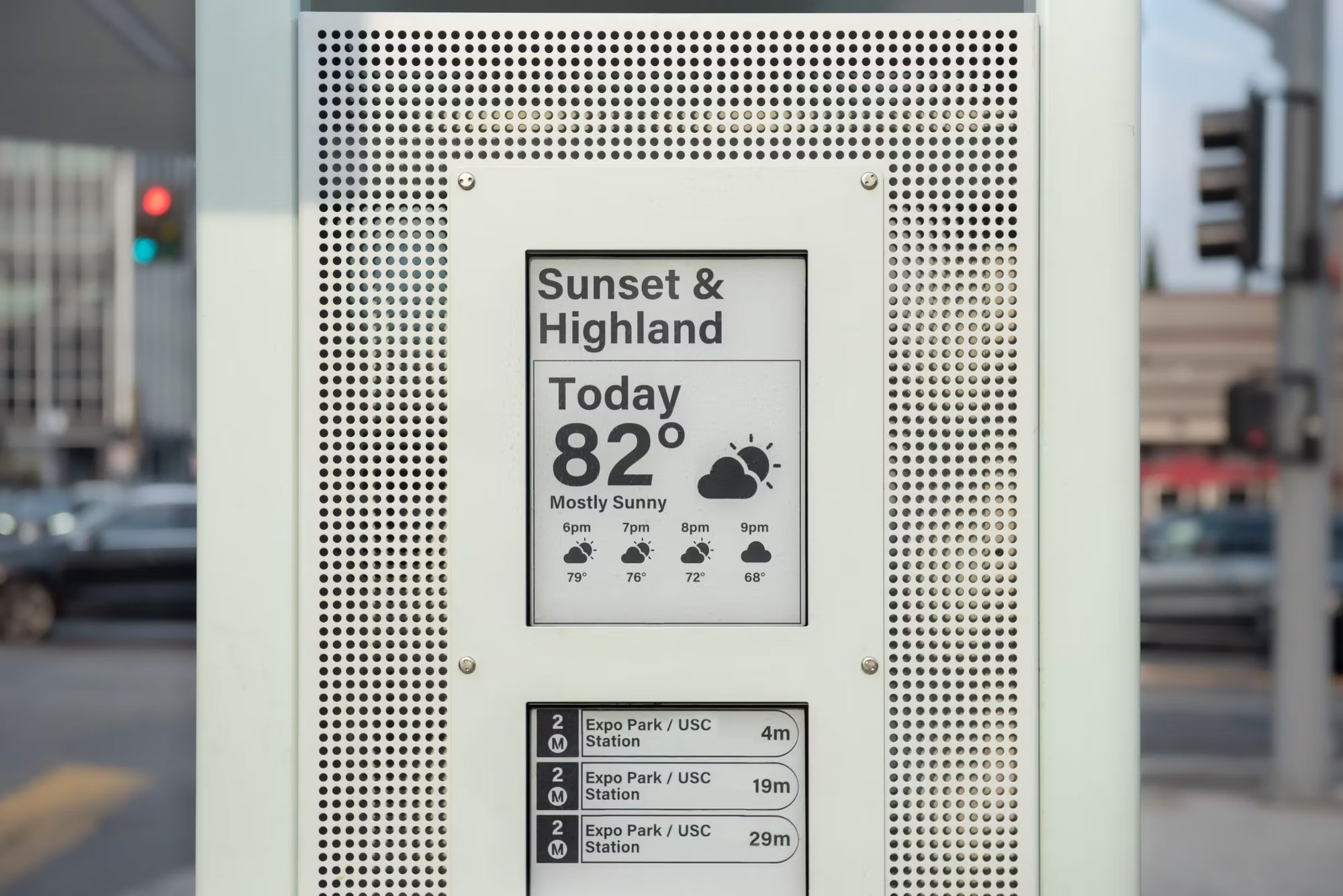 The shipped display at Sunset and Highland showing 82° and the next three arrivals