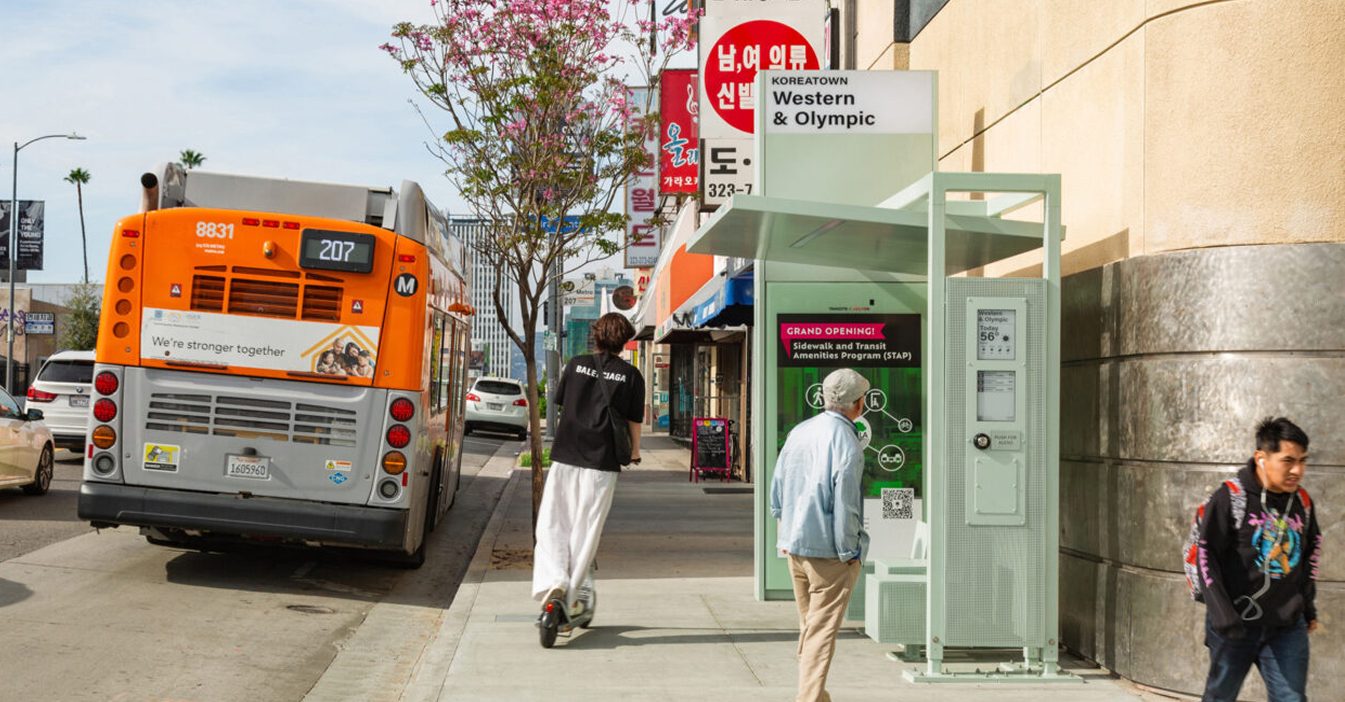 A new STAP bus shelter in Koreatown at Western and Olympic