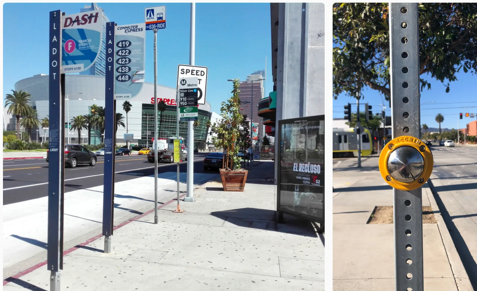 Static stop signs and a call button with no arrival times