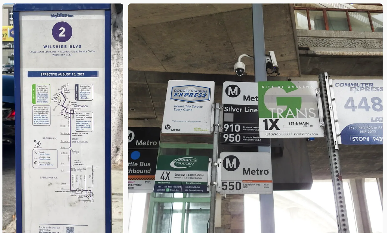 Signs from different transit agencies crowded onto one pole