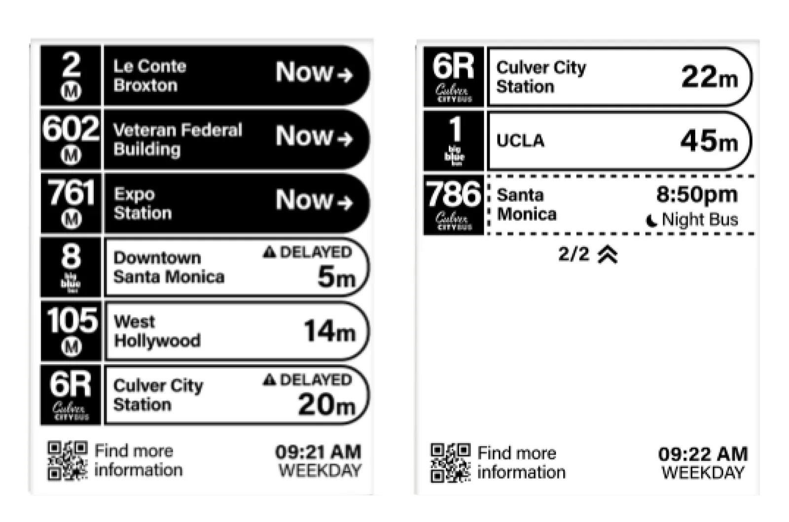 Two pages of live arrivals with Now, minutes, Delayed and Night Bus states