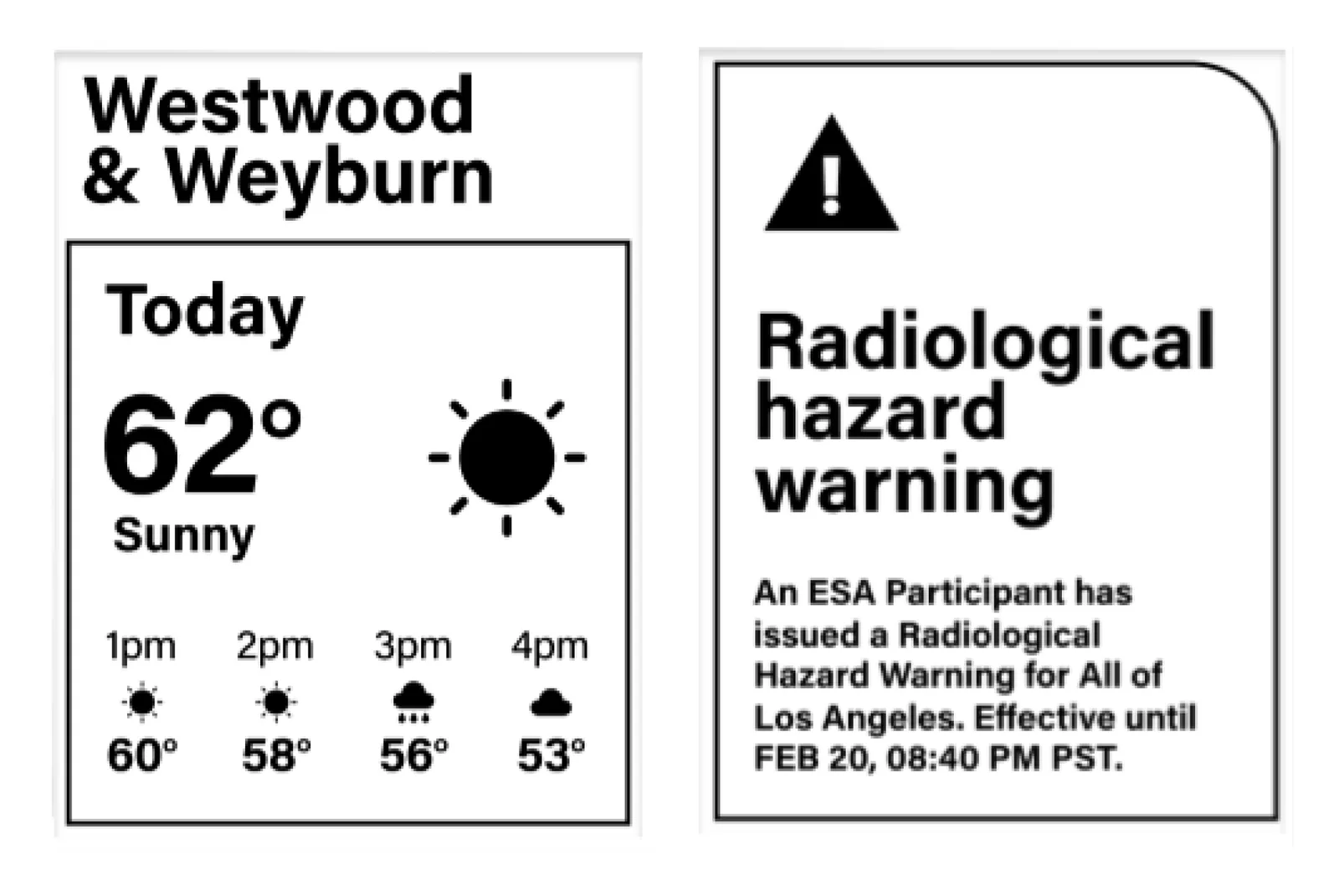 Weather for Westwood and Weyburn next to a radiological hazard warning