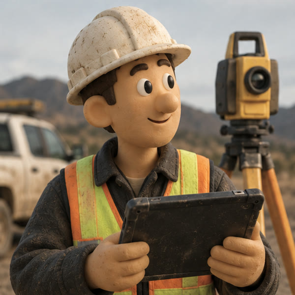 Clay portrait of a surveyor with a total station